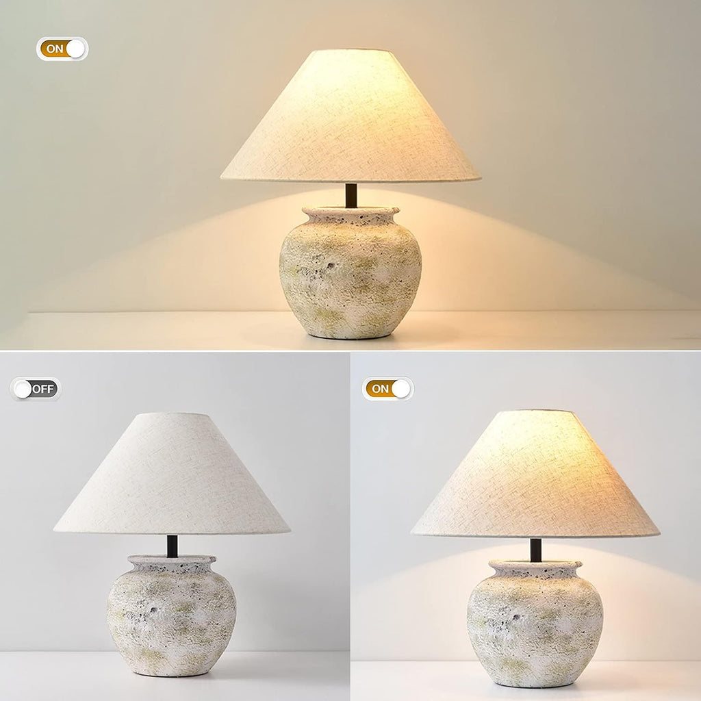 White Rustic Farmhouse Table Lamp 19.6' Tall Ceramic Table Lamp Southwest Handmade Ceramic Lamp Body with Neutral Fabric Drum Shade Decor for Living Room Bedroom Office