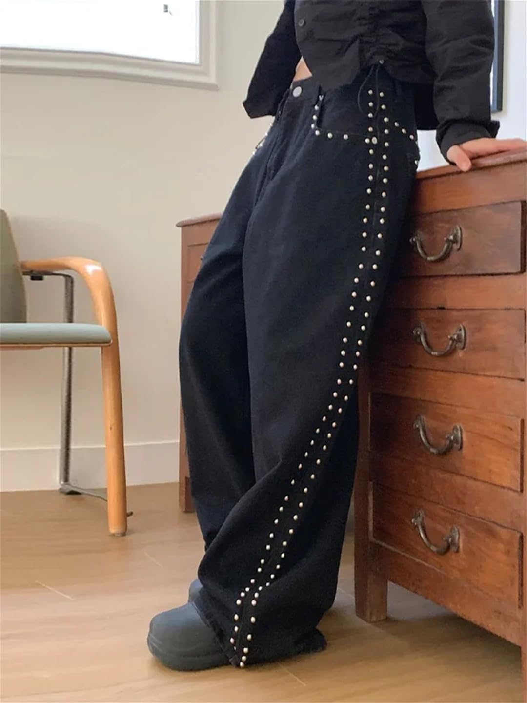 Women Vintage Washed Rivet Jeans Y2k High Waist Baggy Straight Casual Loose Jeans