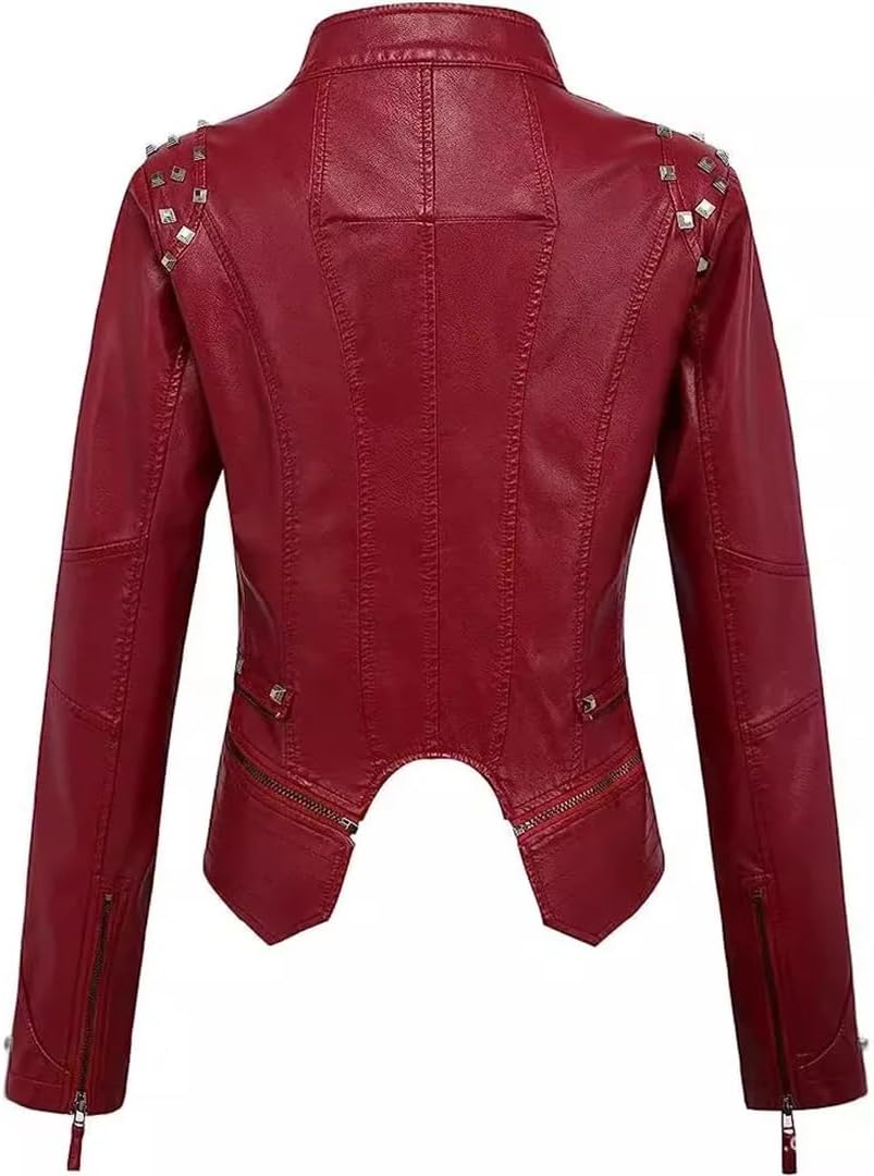 Women Lapel Rivets Decorated Waist Short Washed PU Leather Jacket