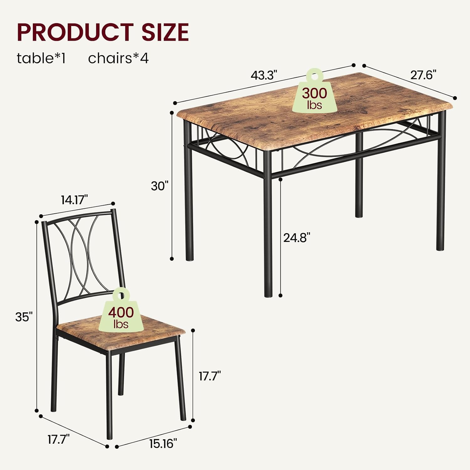 Garvee 5-Piece Wood Dining Table Set for 4, Rectangular Kitchen Table Set with 4 Chairs, Space-Saving Dining Table Set for Apartment, Studio, Kitchen, Small Space, Brown
