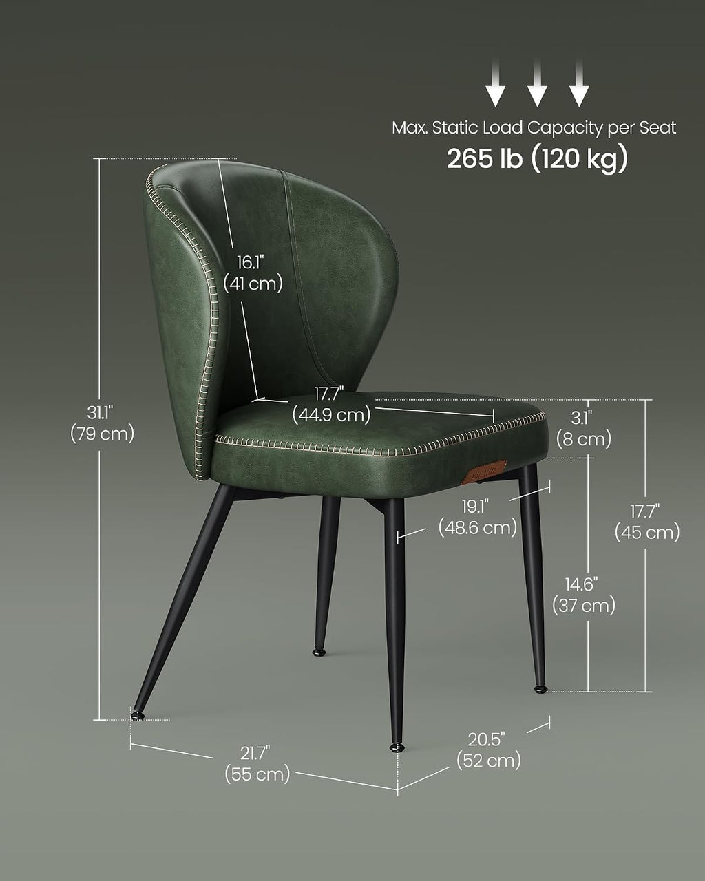 VASAGLE EKHO Collection - Dining Chairs Set of 2, Upholstered Kitchen Chairs, Comfortable Seat, Synthetic Leather with Stitching, Mid-Century Modern, Easy Assembly, Living Room Lounge, Forest Green