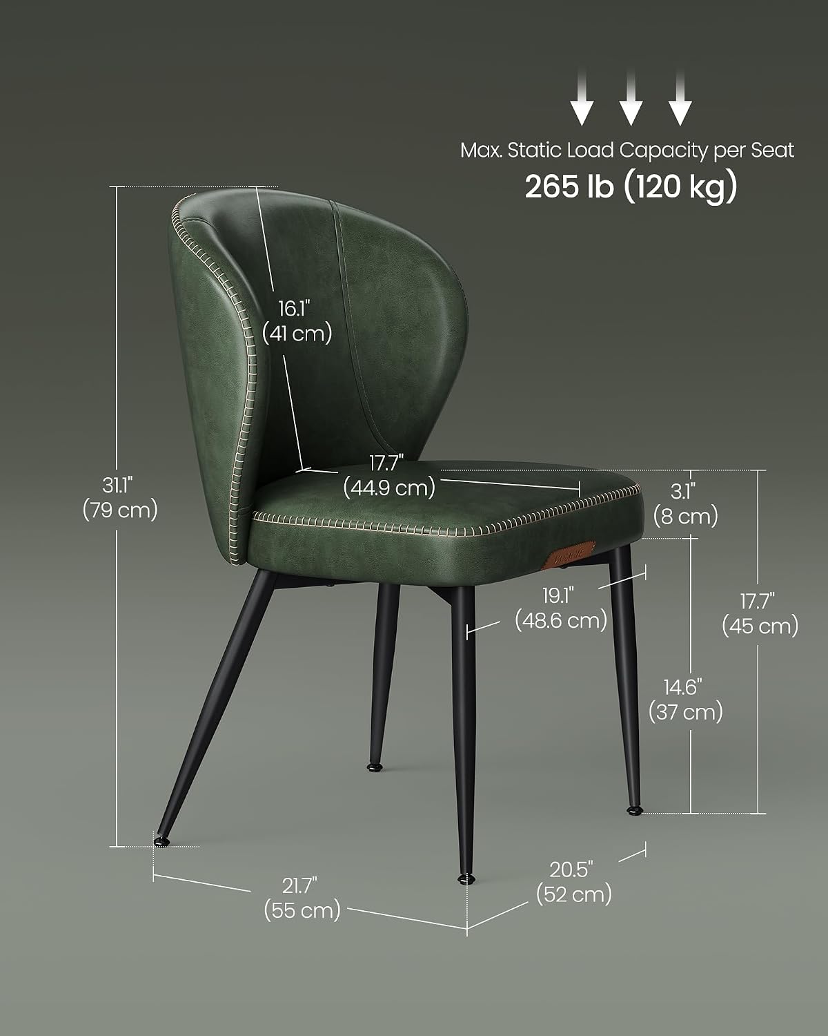 VASAGLE EKHO Collection - Dining Chairs Set of 2, Upholstered Kitchen Chairs, Comfortable Seat, Synthetic Leather with Stitching, Mid-Century Modern, Easy Assembly, Living Room Lounge, Forest Green