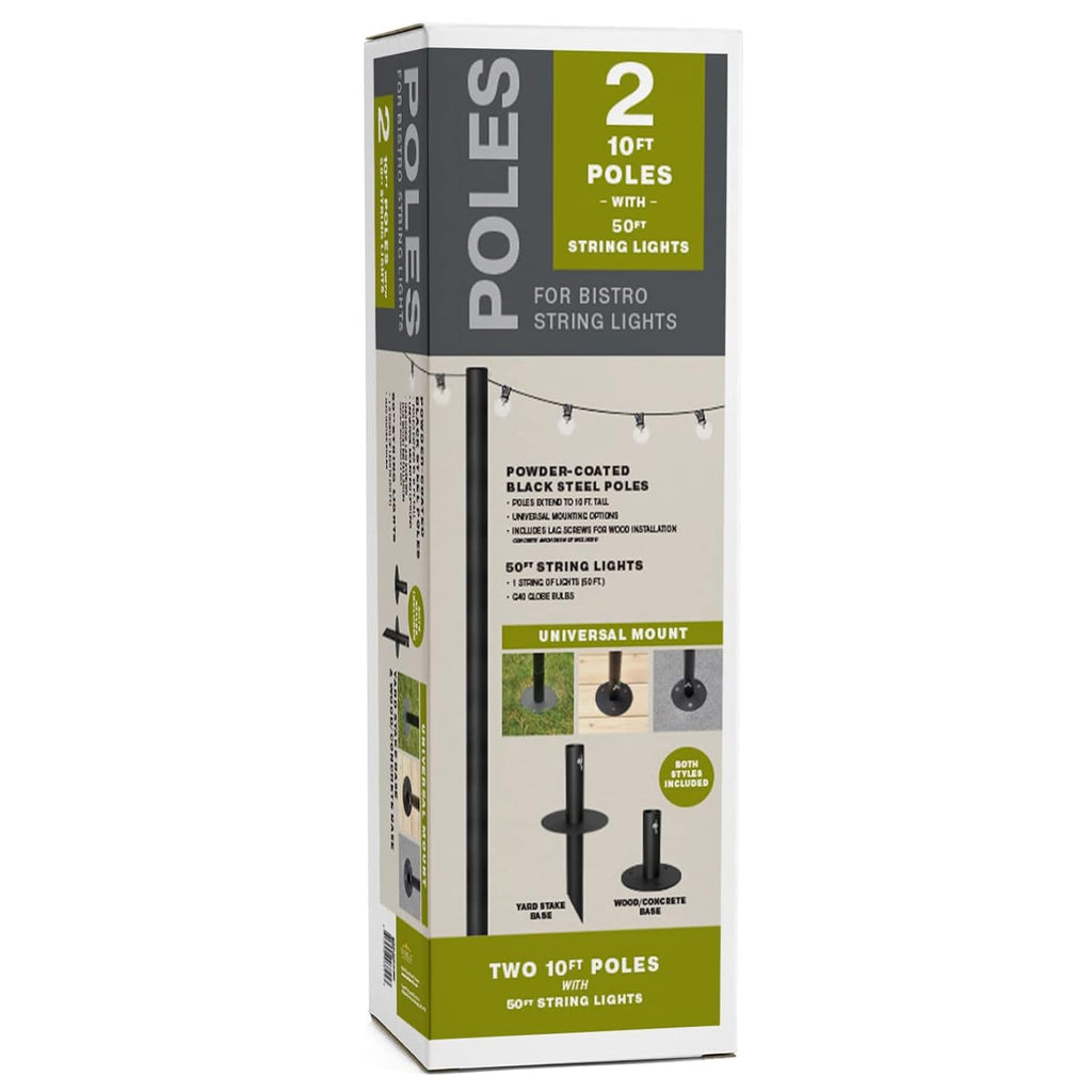 EXCELLO GLOBAL PRODUCTS Bistro String Light Poles - 2 Pack - Extends to 10 Feet - Universal Mounting Options Included with 50 ft. of G40 LED Lights (50 Lights)