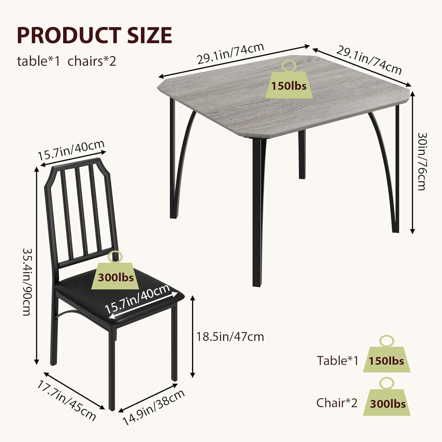 IDEALHOUSE Dining Table Set for 2, Kitchen Table Set of 2 with Upholstered Cushion Chairs, Dining Room Table Set with Kitchen Chairs, Easy to Assemble, Suitable for Apartment - (Gray)