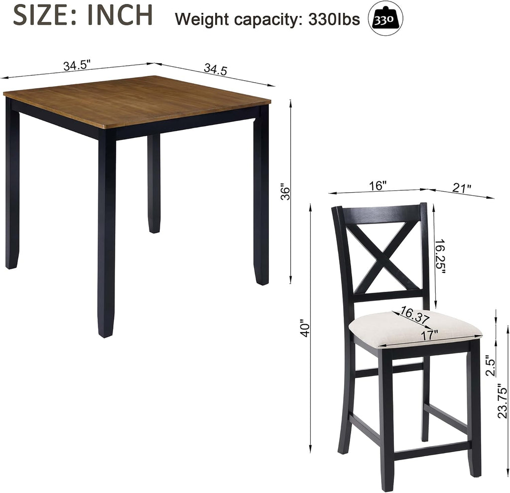 Harper & Bright Designs Counter Height Dining Table Set 5-Piece for 4, Farmhouse Kitchen Table 34.5' Square with 4 X-Back Chairs, Black & Oak for Small Space