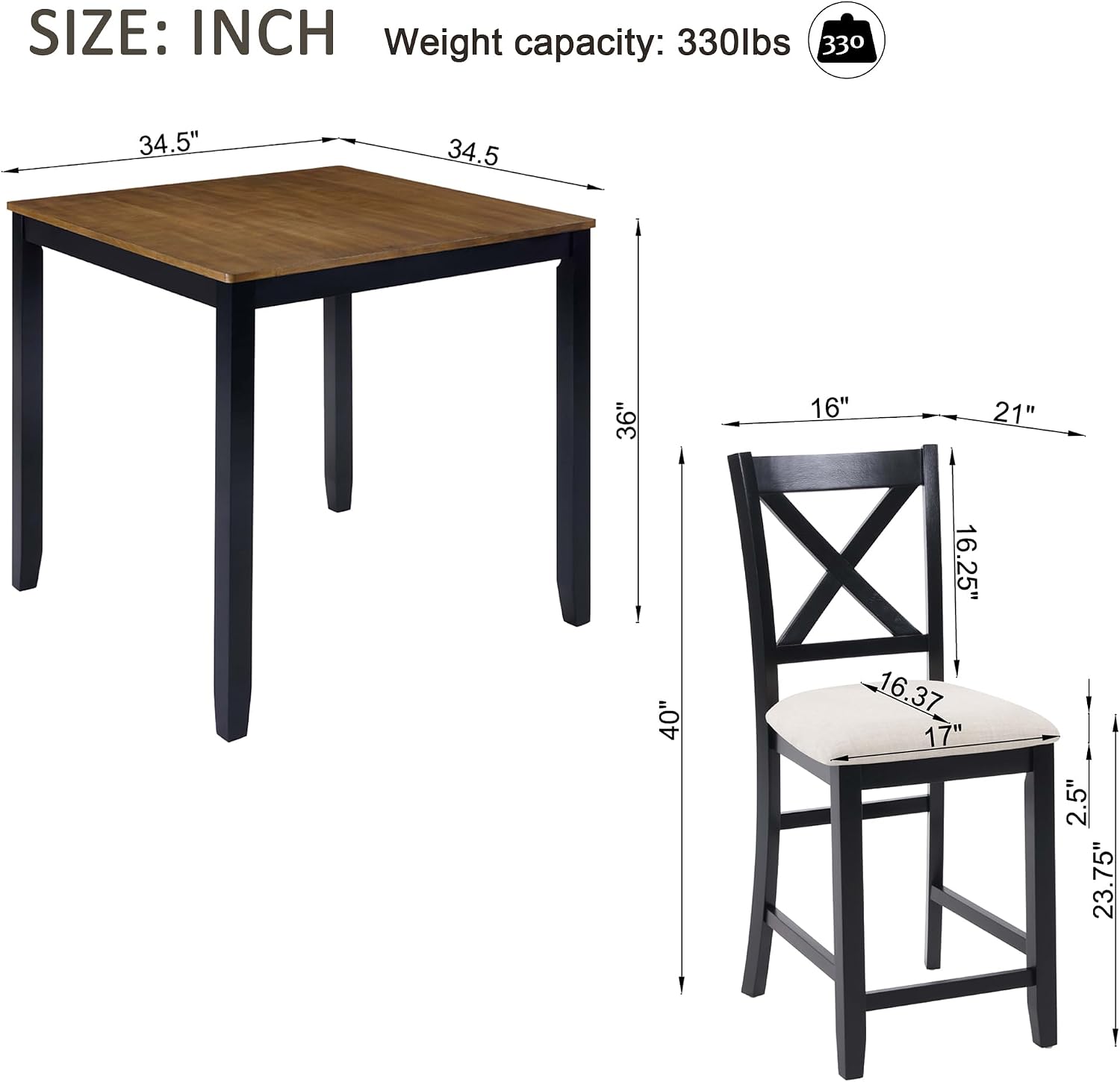 Harper & Bright Designs Counter Height Dining Table Set 5-Piece for 4, Farmhouse Kitchen Table 34.5' Square with 4 X-Back Chairs, Black & Oak for Small Space
