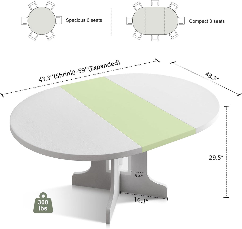 Feonase 59' Round Extendable Dining Room Table for 6, Modern Oval Kitchen Table with Heavy Duty Wood Base, for Kitchen Dining Living Room, Easy Assembly, Noise-Free, White