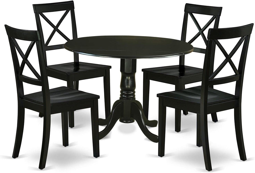East West Furniture DLBO5-BLK-W 5 Piece Dinette Set for 4 Includes a Round Dining Room Table with Dropleaf and 4 Kitchen Dining Chairs, 42x42 Inch, Black