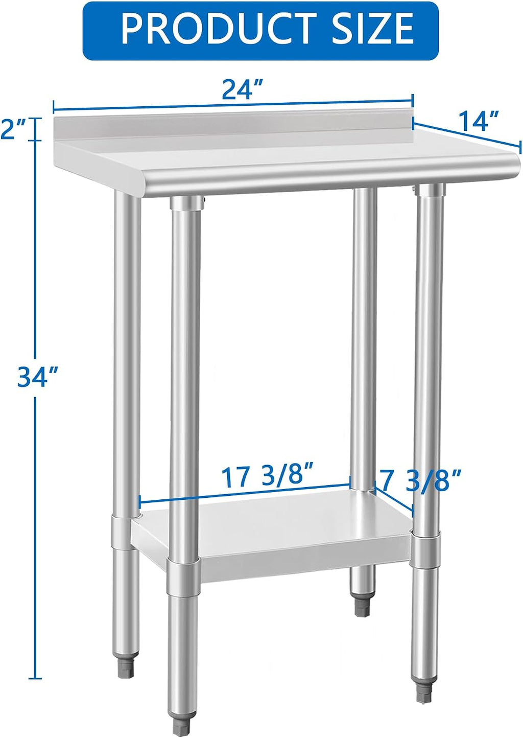 HARDURA Stainless Steel Commercial Work Table Prep Work Metal Table 14×24 Inches with Undershelf and 2' Backsplash Heavy Duty NSF 430 for Kitchen Food Prep
