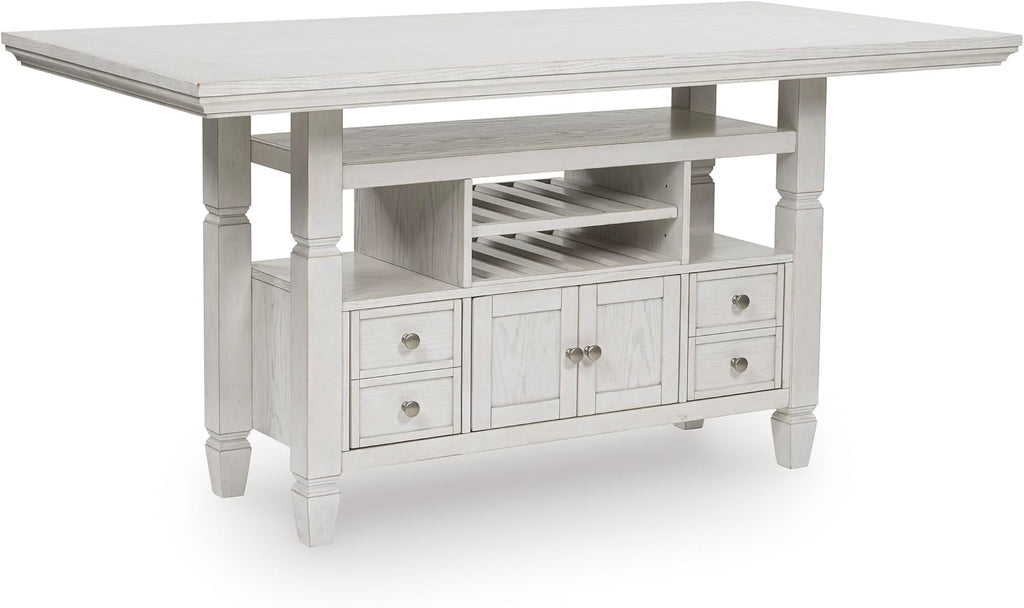 Signature Design by Ashley Robbinsdale Casual Counter Height Dining Table with 10 Bottle Wine Storage, Open Shelves, Drawers and Cabinet, Antiqued White Finish, 36' W x 72' L x 37' H