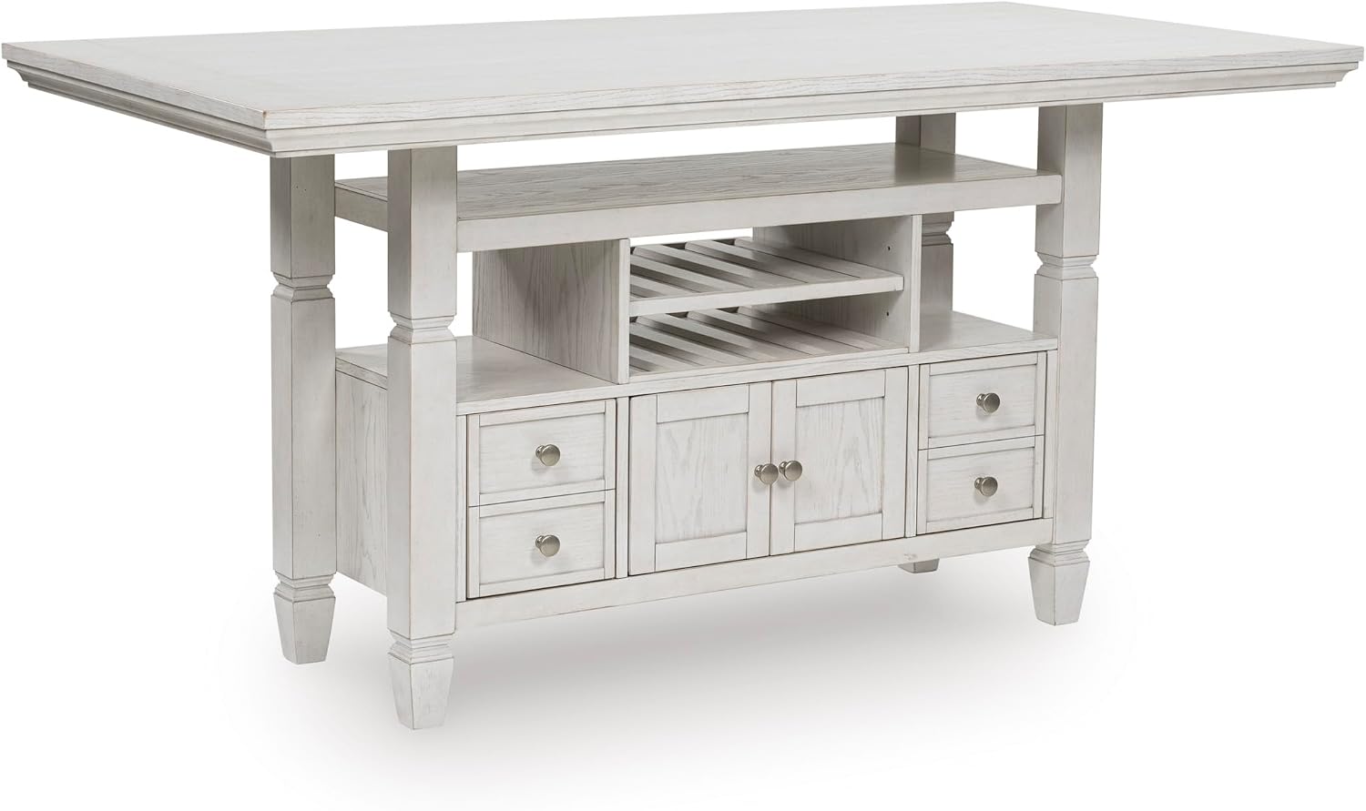 Signature Design by Ashley Robbinsdale Casual Counter Height Dining Table with 10 Bottle Wine Storage, Open Shelves, Drawers and Cabinet, Antiqued White Finish, 36' W x 72' L x 37' H