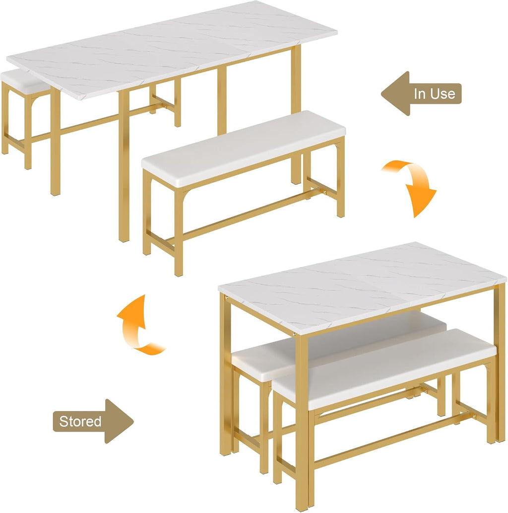 VECELO 3-Piece 63' Extendable Kitchen Table with Benches/Chairs, Modern Breakfast Dinette/Dining Room Set for 4/6/2, Small Space Saving Design, Easy Assembly