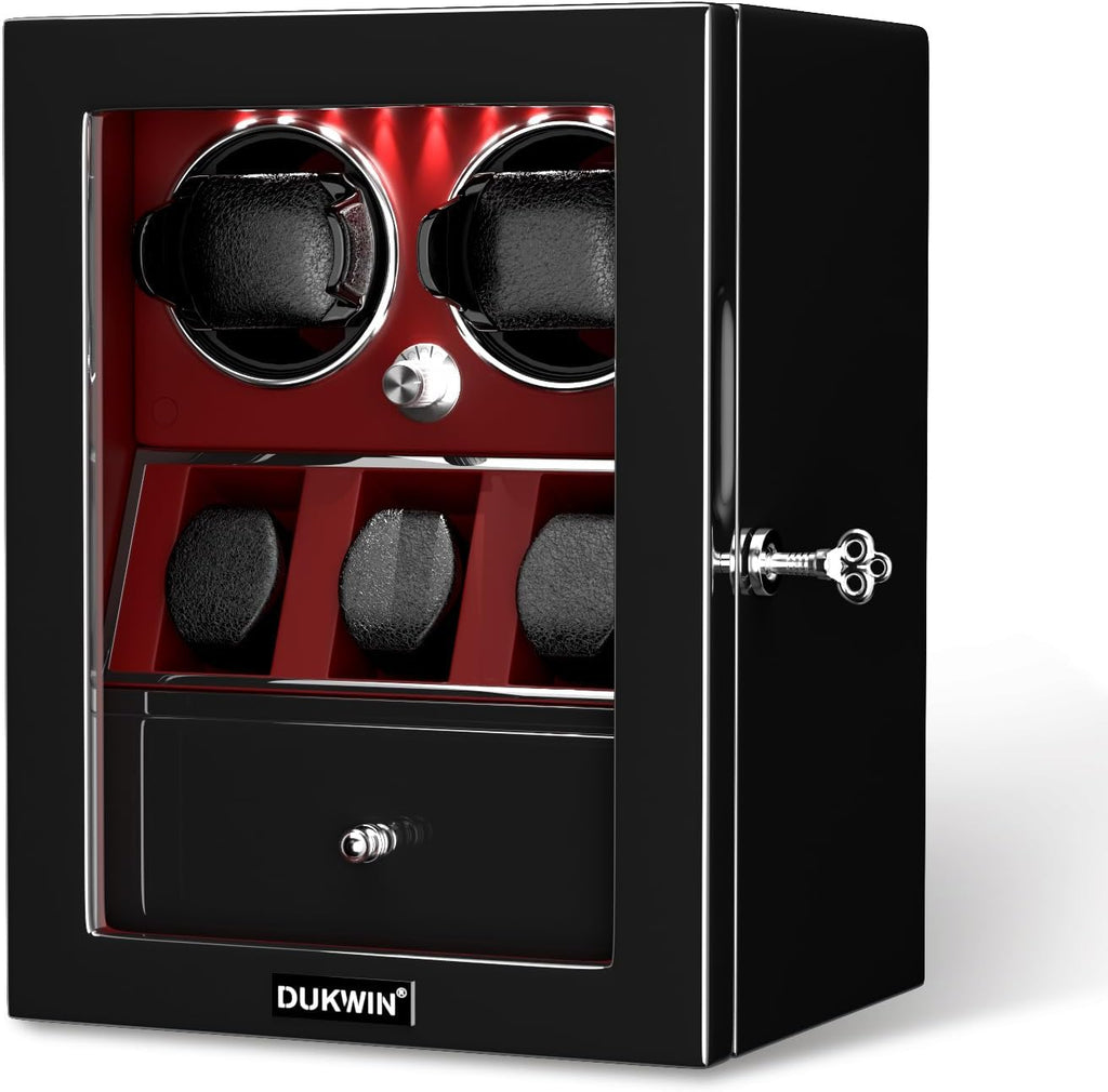DUKWIN Watch Winder for 4/6/8 Automatic Watches, Lockable Winders with Watch Holders and Jewelry Storage, Super Quiet Motor with High-Gloss Finish, Built-in Illumination