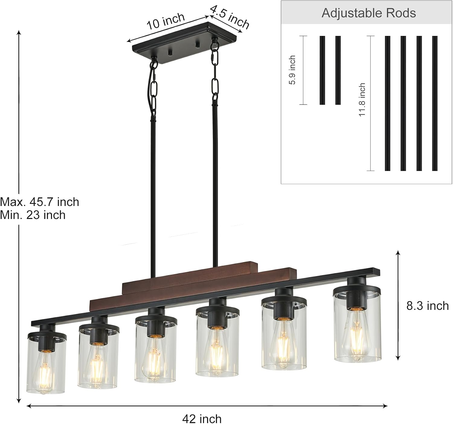 Farmhouse Chandelier 6-Light Dining Room Light Fixture Over Table Kitchen Island Lighting Rustic Chandeliers for Dining Light with Glass Shade Wood Pendant Lights Kitchen Island