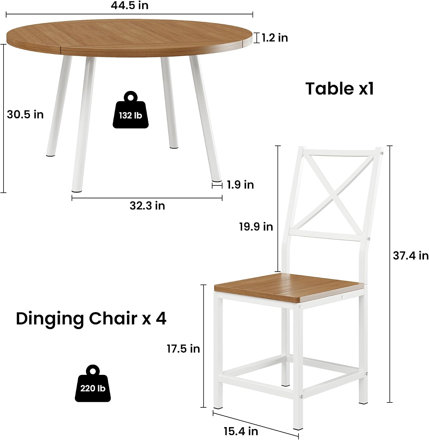 IRONCK Dining Table Set for 4, Round Kitchen Table and 4 Stool Chair for Dining Room, 44.5inch Drop Leaf Desk, Small Space Saving, Natural Wood