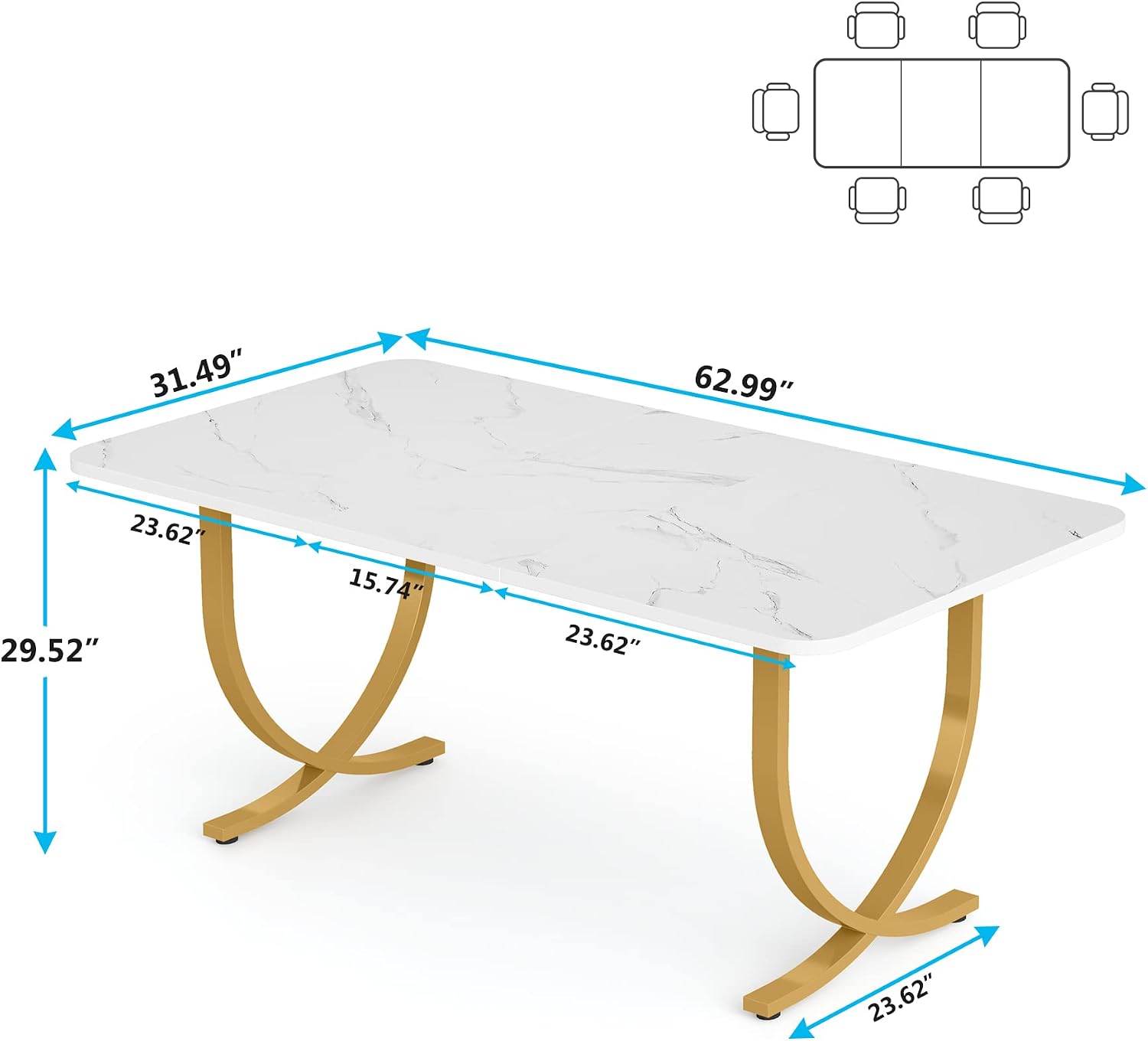 LITTLE TREE Dining Room Table, Kitchen Table with Faux Marble Table Top and Gold Metal Legs