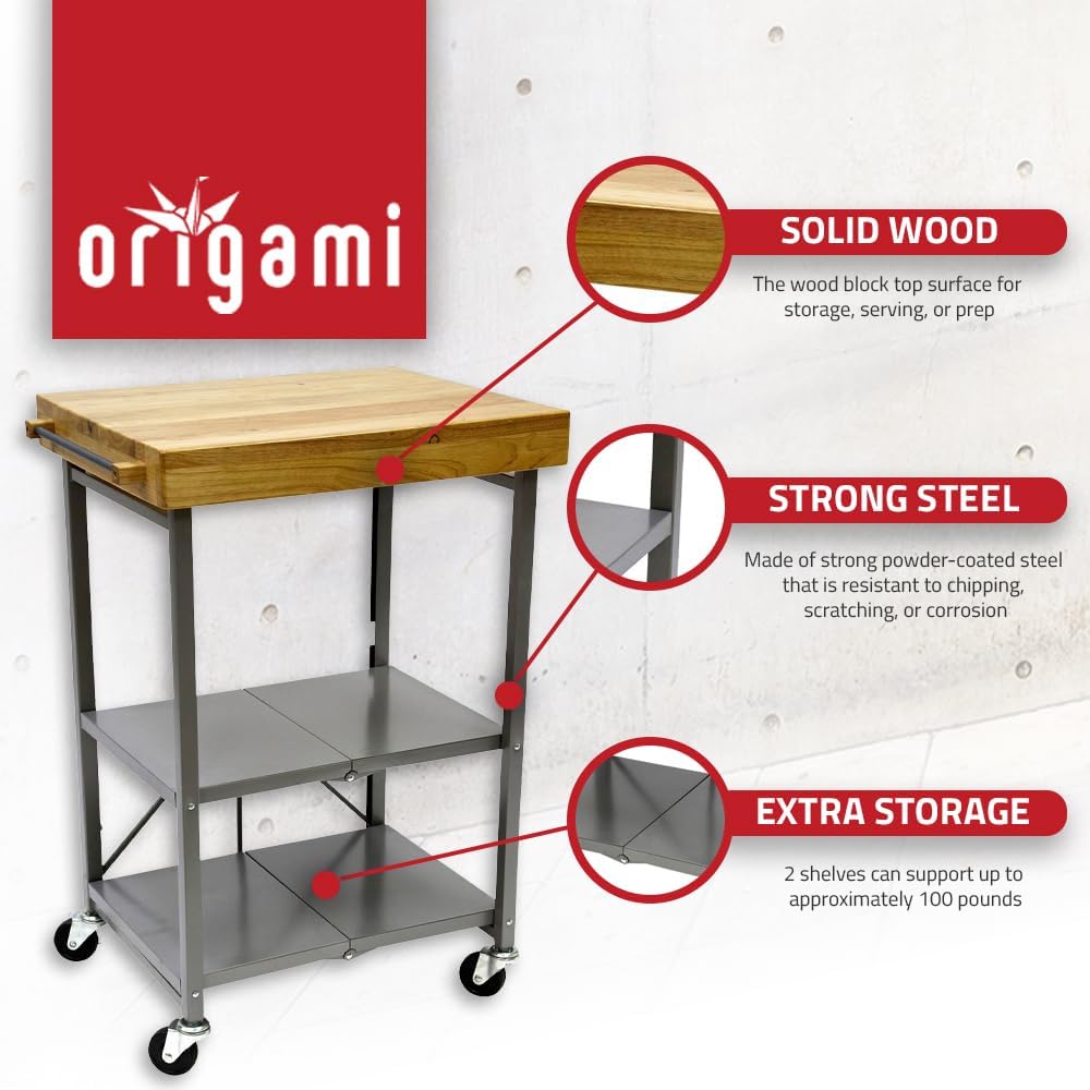 Origami Foldable Kitchen Island Cart, Rolling Storage Table Organizer with Wheels, Silver