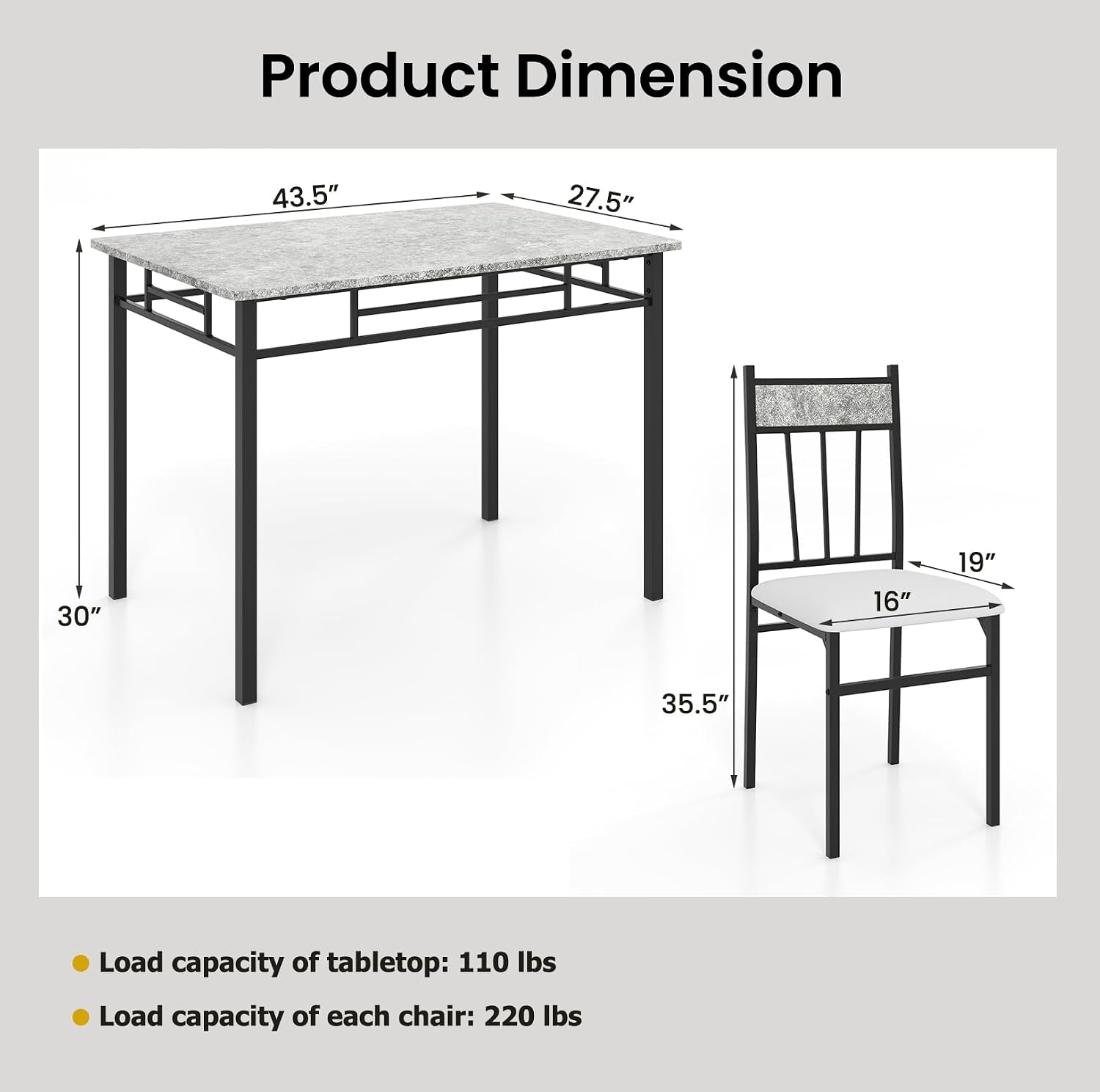 Tangkula Dining Table Set for 4, Kitchen Table and Chairs Set with Metal Frame & Padded Seat, Dining Table and Chairs Set of 4 for Dining Room, Space Saving