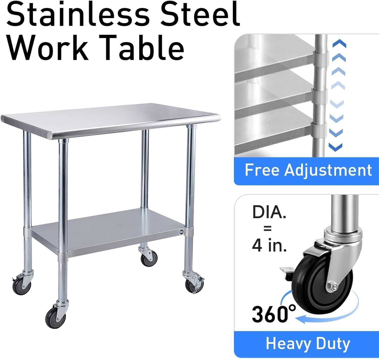 ROCKPOINT Stainless Steel Table for Prep & Work with Caster Wheels 30x72 Inches, NSF Metal Commercial Kitchen Heavy Duty Table with Adjustable Under Shelf and Table Foot for Restaurant, Home and Hotel