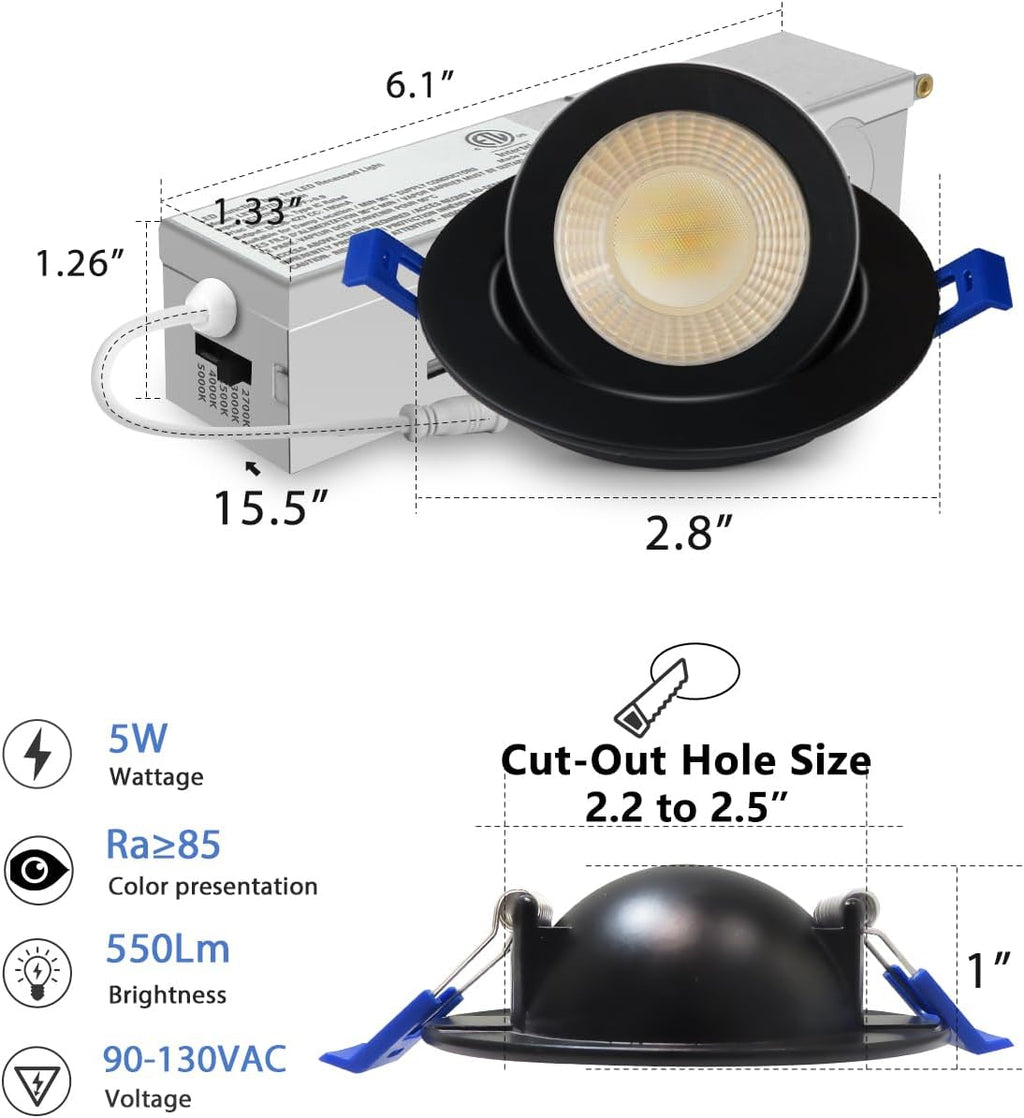 Adetu 2 Inch 5CCT Gimbal Black Led Recessed Lighting with Junction Box, 360°+90° Adjustable Led Recessed Lights, 2700K/3000K/3500K/4000K/5000K, 5W Eqv 50W, 550LM Brightness - ETL (Black, 12 Pack)