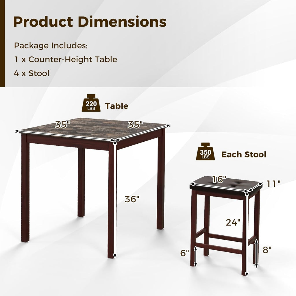 Giantex Dining Table Set for 4, Kitchen Table Chairs Set of 4, Counter Height Dining Table Set with 4 Bar Stools, Space-Saving Dinette Table Set for Small Place, Breakfast Nook Table Set (Brown)