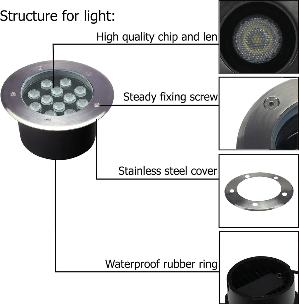 12W Outdoor In Ground Lights,Line Voltage 110V 120V,Diameter 7 inches,Warm White 3000K,Wired LED Landscape Lighting,Recessed Well Light for Driveway,Pathway,Step,Deck,Pack of 4
