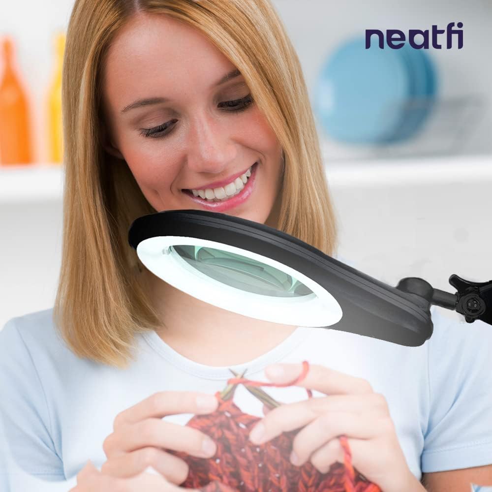Neatfi LED Bifocal Magnifying Lamp 1,200 Lumens – 5' Glass Lens, Dual Magnification 2.25X/6X, Dimmable | Adjustable Arm with Clamp | Crafting, Jewelry & Reading (5 Diopter + 20 Diopter, Black)