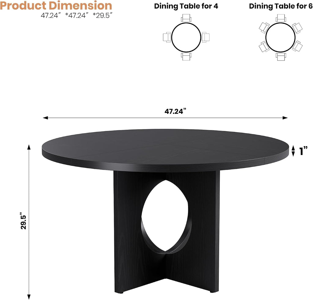 IDEALHOUSE 47' Round Dining Table, Kitchen Table for 4-6 People, Circle Tables with Sturdy Pedestal Base, Space Saving Dinning Room Furniture for Living Room, Kitchen, Apartment, Black