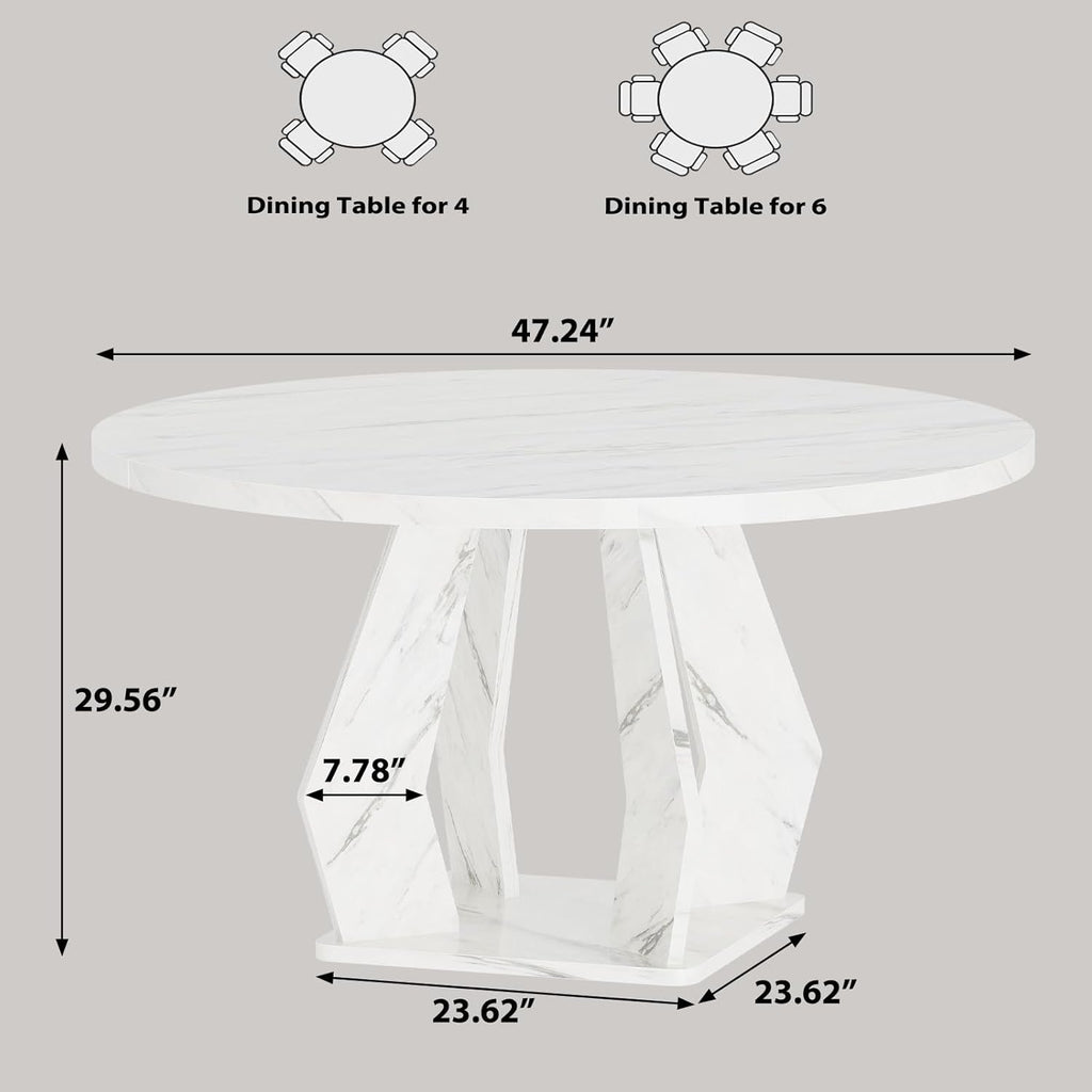 IBF Round Marble Dining Table,Dinner Tables for Kitchen 4-6,47 Inch Modern Pedestal Dining Room Table for Kitchen,Office,Living Room,White Marble