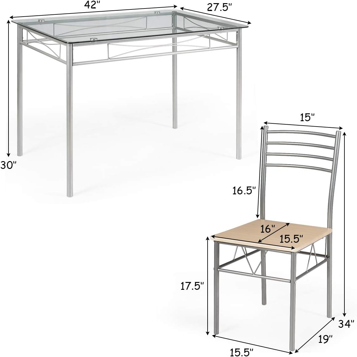 Giantex 5 Piece Dining Table Set, Kitchen Dining Set with Tempered Glass Table Top and 4 Chairs, Dinette Set for 4 for Breakfast Nook Dining Room Kitchen (Transparent)