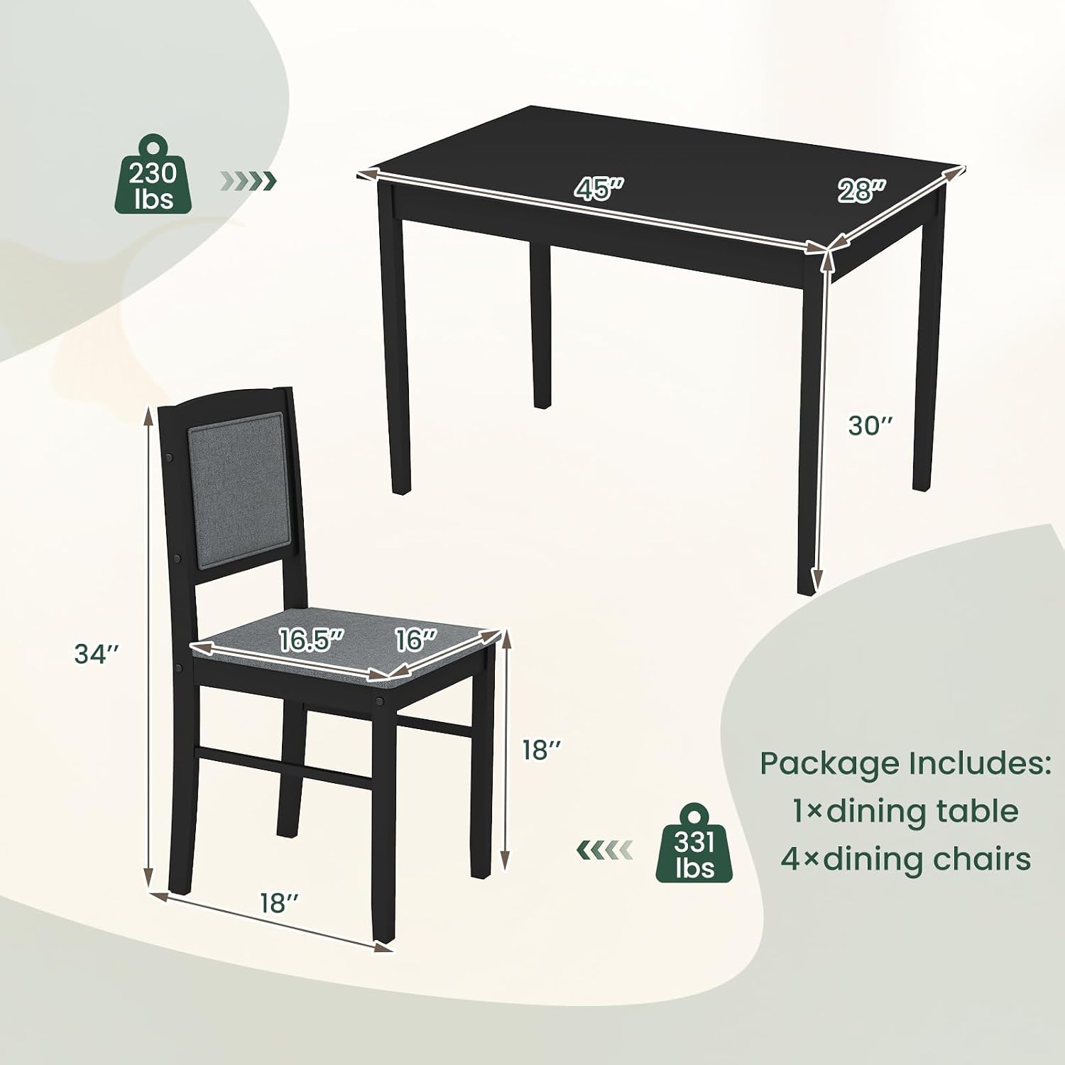 NAFORT Kitchen Table Set for 4, Mid-Century Modern Dining Table and Chairs Set of 4, Farmhouse Dinner Set w/ 4 Upholstered Chairs, Rubber Wood Dinette Set for Kitchen& Dining Room, Restaurant