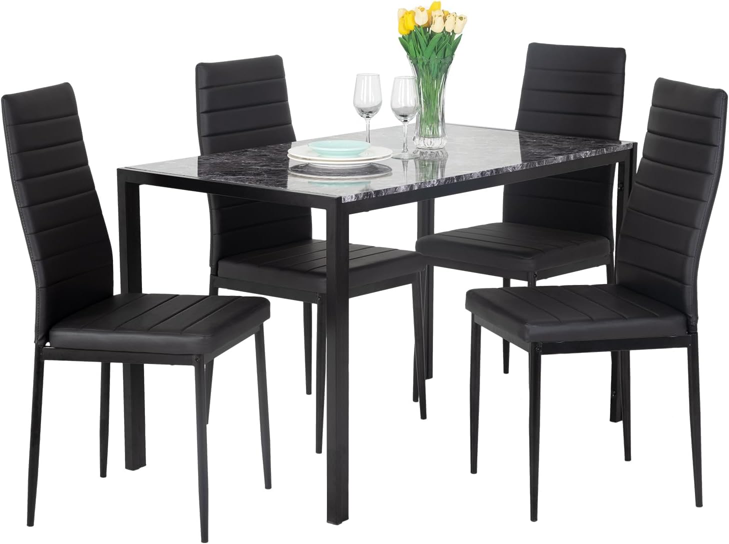 PayLessHere Dining Table and Chairs Set, Modern Rectangular Marble Table top with 4 Chairs PU Leather for Dining Room and Kitchen, Black Marble