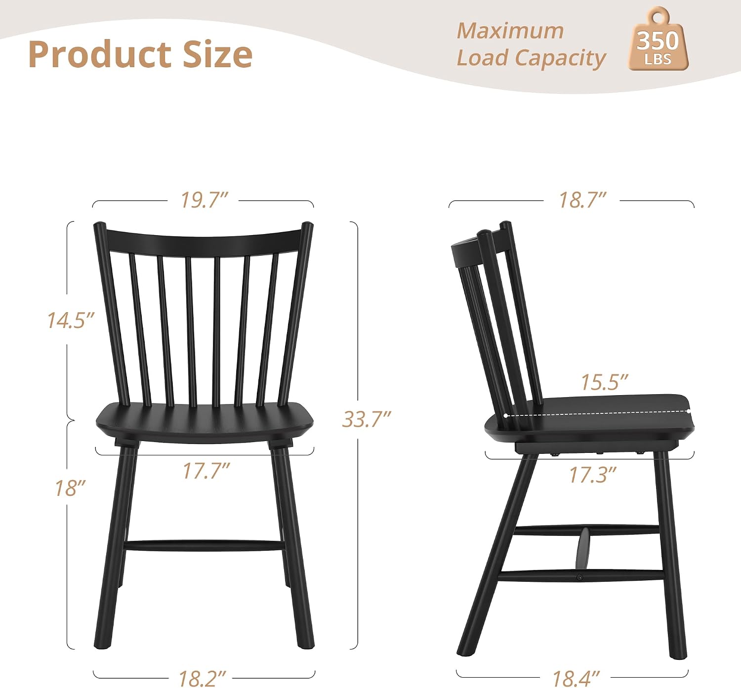 LUE BONA Upgraded Dining Chairs Set of 2, Farmhouse Wooden Spindle Back Kitchen Chairs, Windsor Dining Chairs for Kitchen and Dining Room, Black