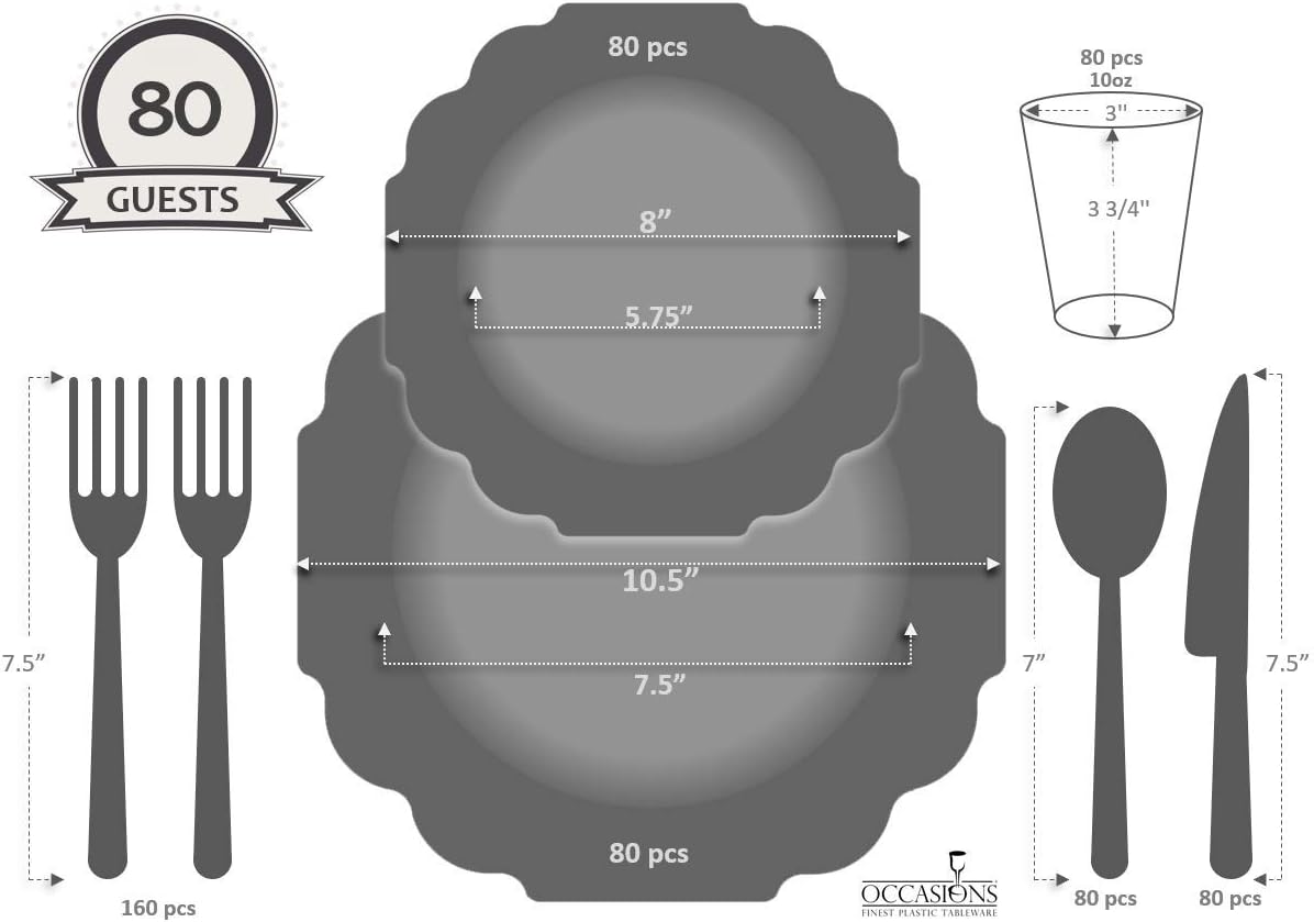 ' OCCASIONS ' 640 Piece set (80 Guests)-Heavyweight Wedding Party Disposable Plastic Plate Set - 80 x 10.5'' + 80 x 8'' + Silverware + Cups + Napkins (Imperial in White & Blue & Gold)