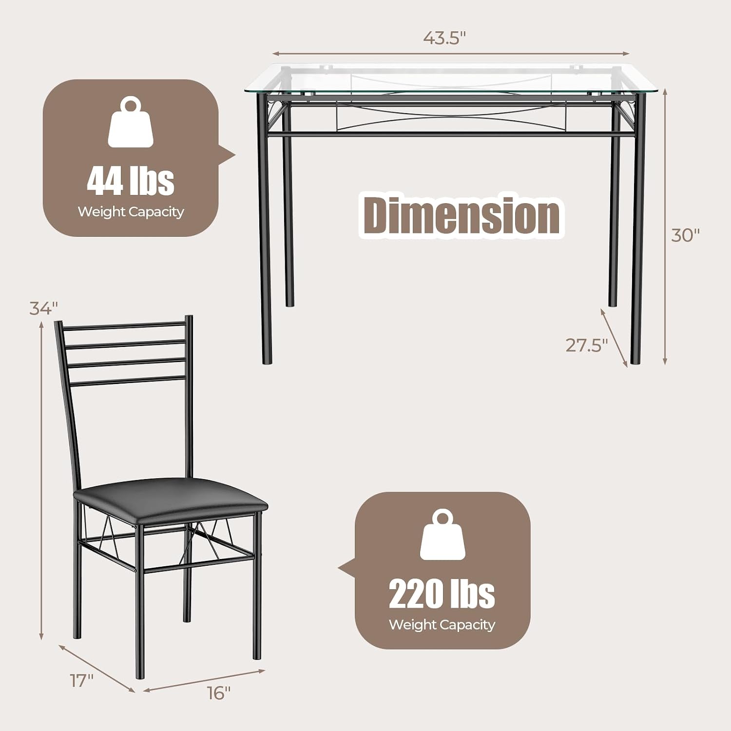 Giantex 5 Piece Dining Table Set, Kitchen Dining Set with Tempered Glass Table Top and 4 Upholstered Chairs, Dinette Set for 4 for Breakfast Nook Dining Room Kitchen (Black)