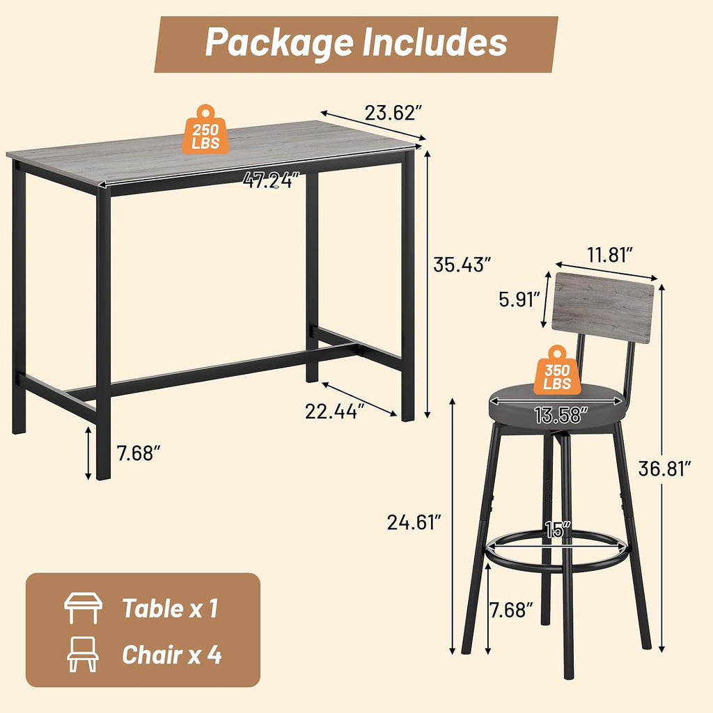Zevemomo 5-Piece Dining Table Set, Bar Table Set for 4, Kitchen Table and Chairs, Counter Height High Top Table with 4 PU Upholstered Stools, Space-Saving Pub Table Sets for Small Space, Grey & Black