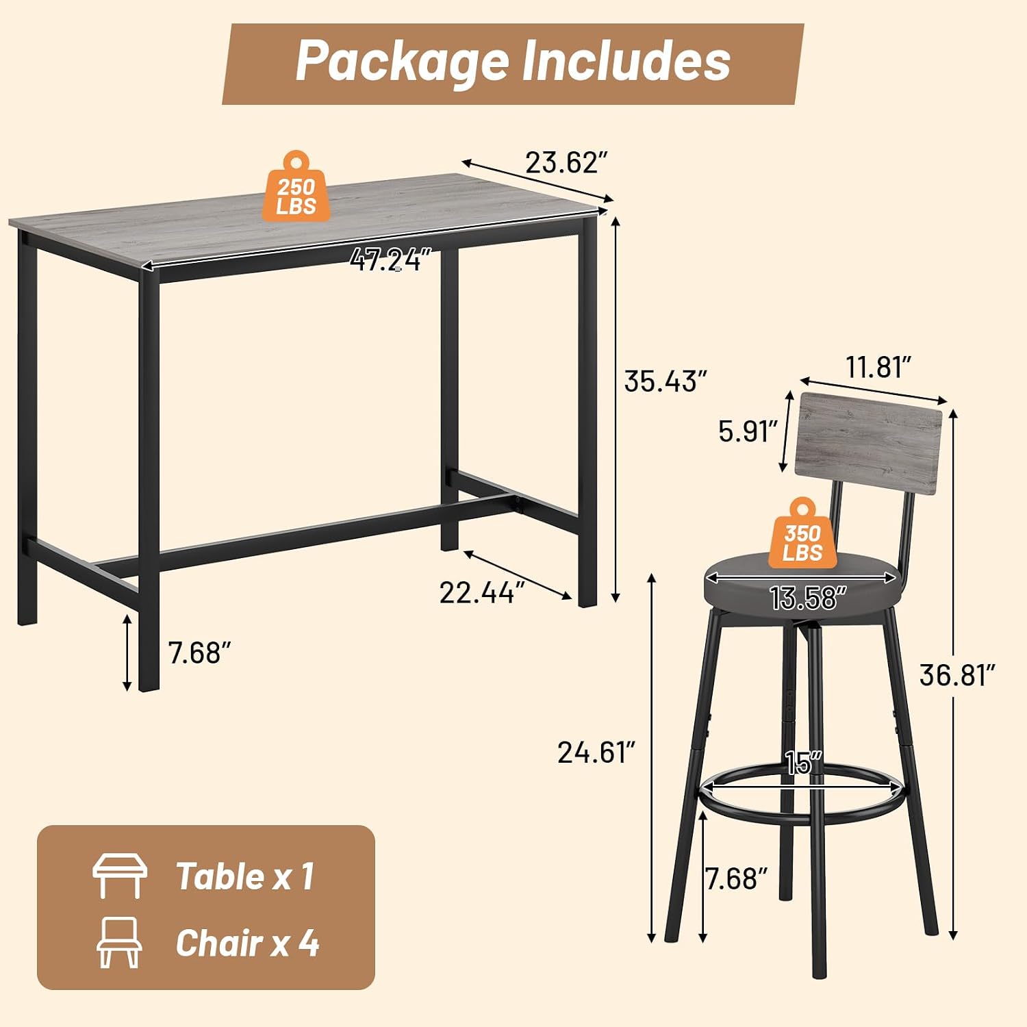 Zevemomo 5-Piece Dining Table Set, Bar Table Set for 4, Kitchen Table and Chairs, Counter Height High Top Table with 4 PU Upholstered Stools, Space-Saving Pub Table Sets for Small Space, Grey & Black