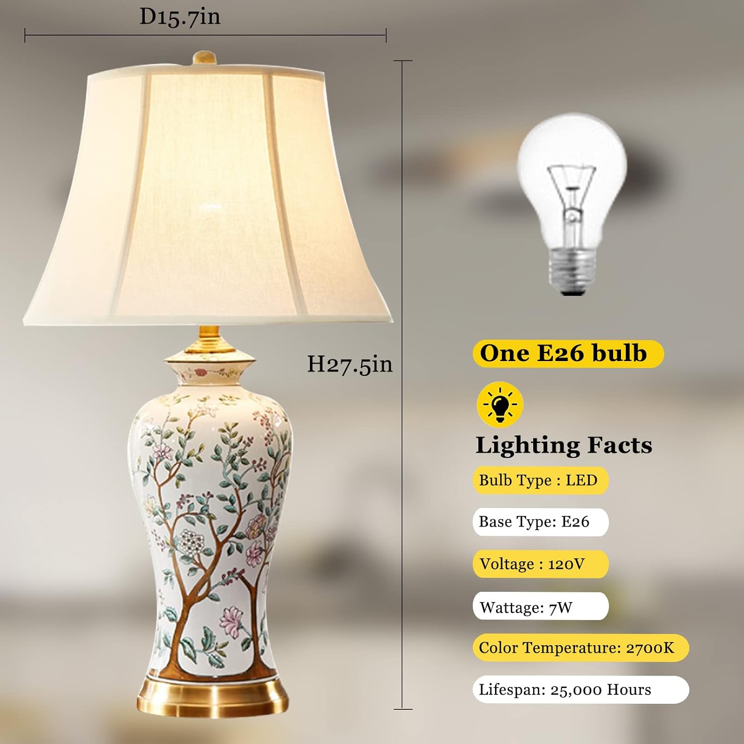 Twig Ceramic Table Lamp, Rustic Vintage White 27.5' Tall Coastal Bedside lamp, Ceramic Lamp Body with Fabric Tapered Drum Shade for Living Room Bedroom House Bedside Nightstand Home