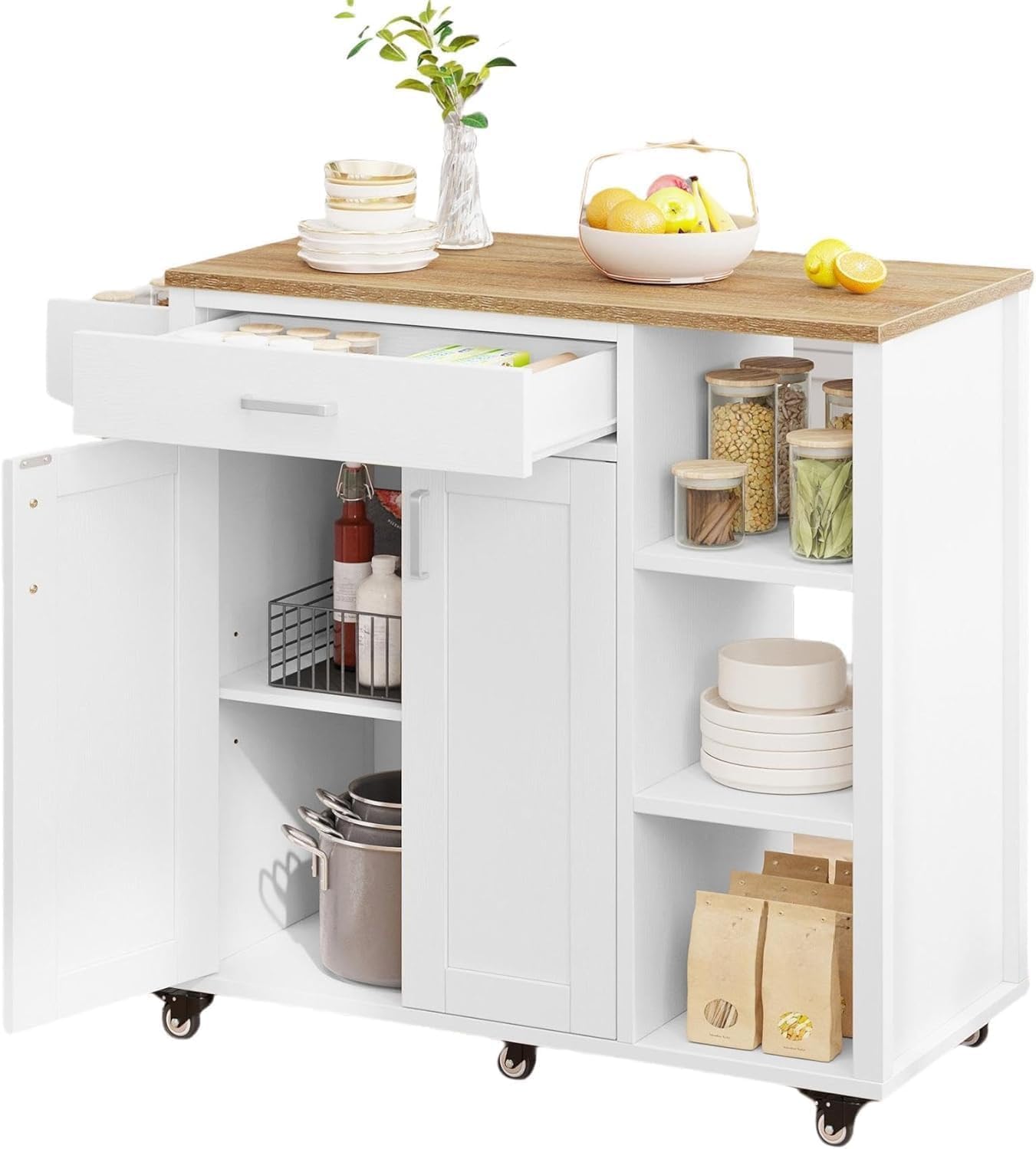 DWVO Rolling Kitchen Island Table on Wheels, Mobile Kitchen Cart with Storage, Butcher Block Island with Open Shelf, Drawer, Spice/Towel Rack, 37inch, White