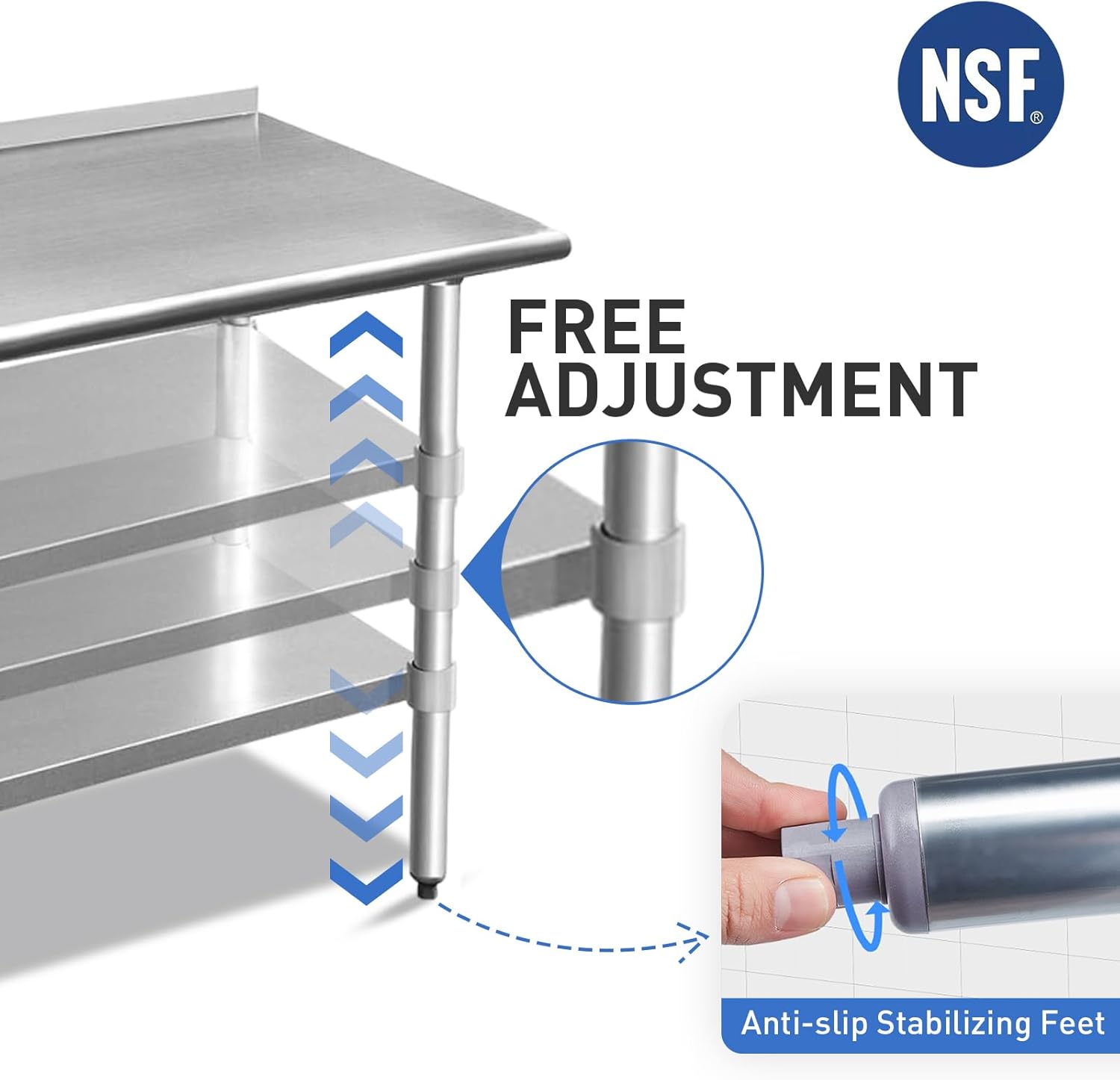ROCKPOINT Stainless Steel Table for Prep & Work with Backsplash 18x48 Inches, NSF Metal Commercial Kitchen Heavy Duty Table with Adjustable Under Shelf and Table Foot for Restaurant, Home and Hotel