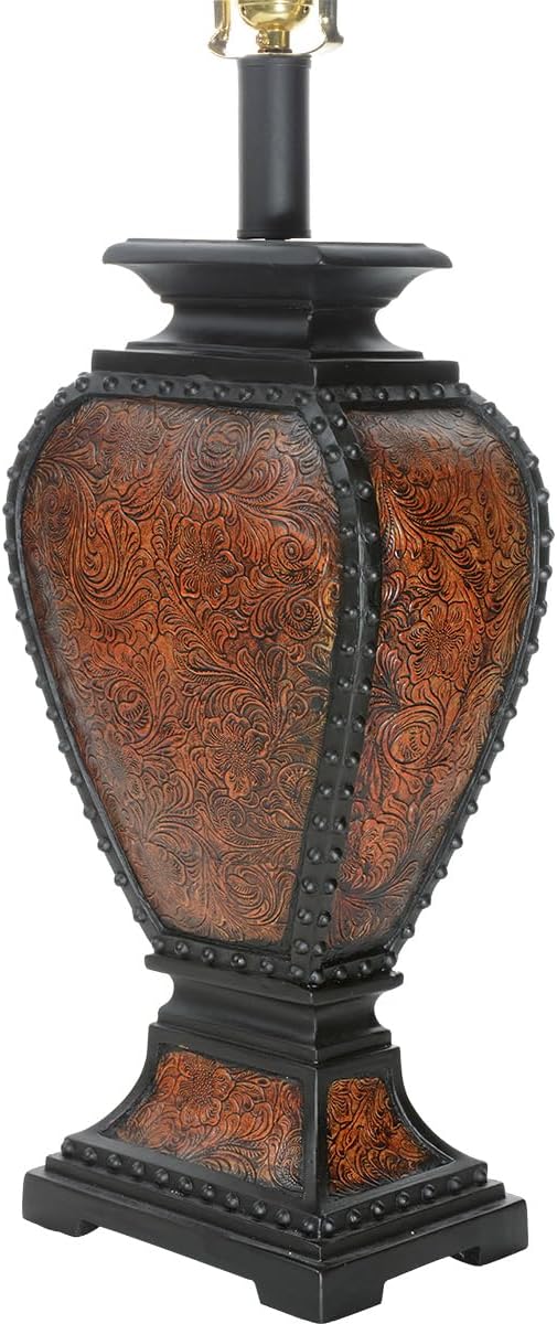 BLACK FOREST DECOR Western Tooled Leather Table Lamp - Rustic Faux Leather Shade for Cabin Decor