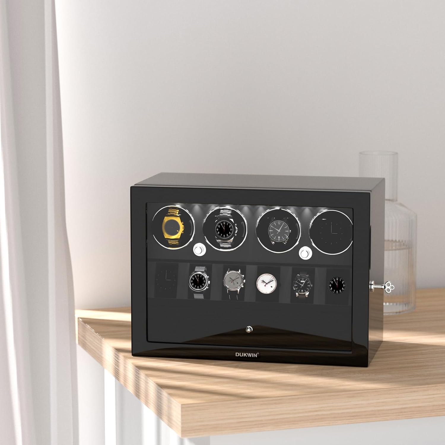 DUKWIN Watch Winder for 4/6/8 Automatic Watches, Lockable Winders with Watch Holders and Jewelry Storage, Super Quiet Motor with High-Gloss Finish, Built-in Illumination