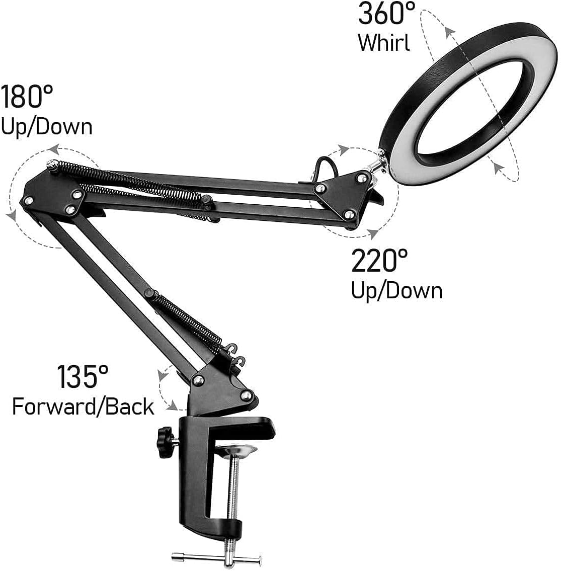 Magnifier 5X Magnifier Desk Lamps, LED Magnifying Glass Lamp Clamp with Adjustable Swivel Arm, 3 Colors Light, 10 Lighting Levels Dimming for Table Craft Reading Study Work Interes