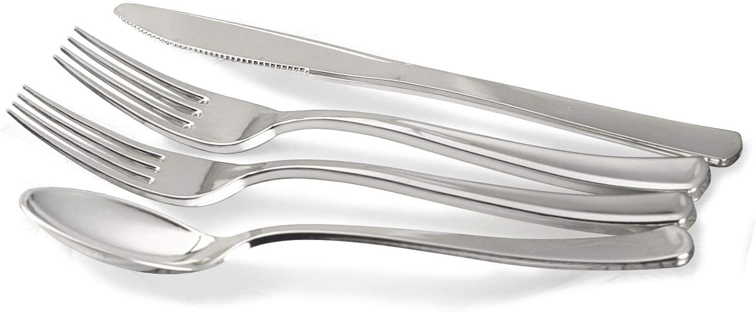 ' OCCASIONS ' 1080 pcs/120 Guest-Full Tableware SetWedding Disposable Plastic Plates Silverware, Silver Rim Tumblers & Linen Feel Napkins/Metal Napkin Rings(Combo D, White & Silver Rim)