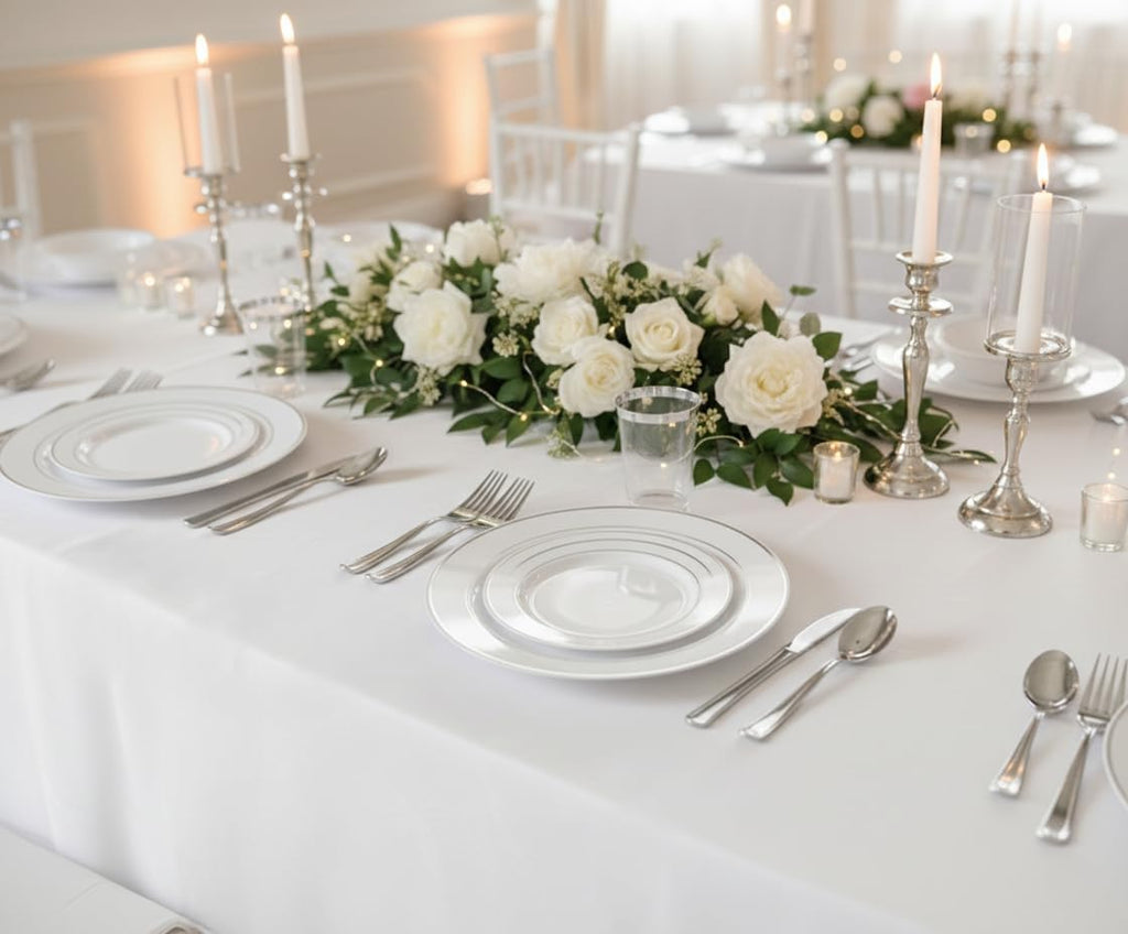 ' OCCASIONS ' 1080 pcs/120 Guest-Full Tableware SetWedding Disposable Plastic Plates Silverware, Silver Rim Tumblers & Linen Feel Napkins/Metal Napkin Rings(Combo D, White & Silver Rim)