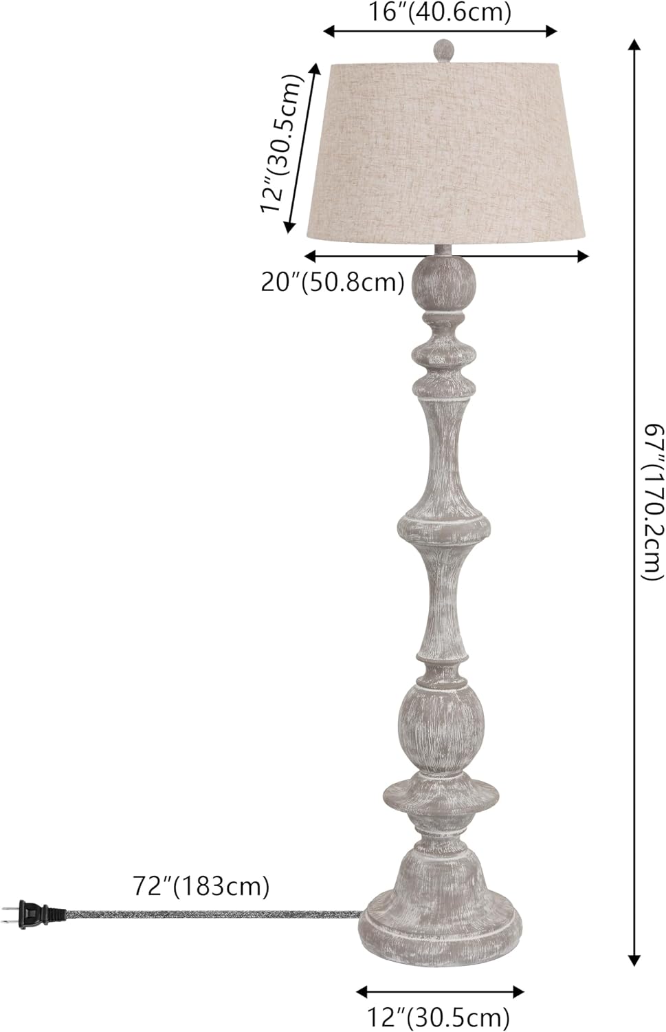 JONATHAN Y 67' Wash Gray Resin Candlestick Floor Lamp Farmhouse Rustic Traditional Standing Lamp for Living Room with Wash Gray Linen Empire Shade LED Bulb Included JYL3000C