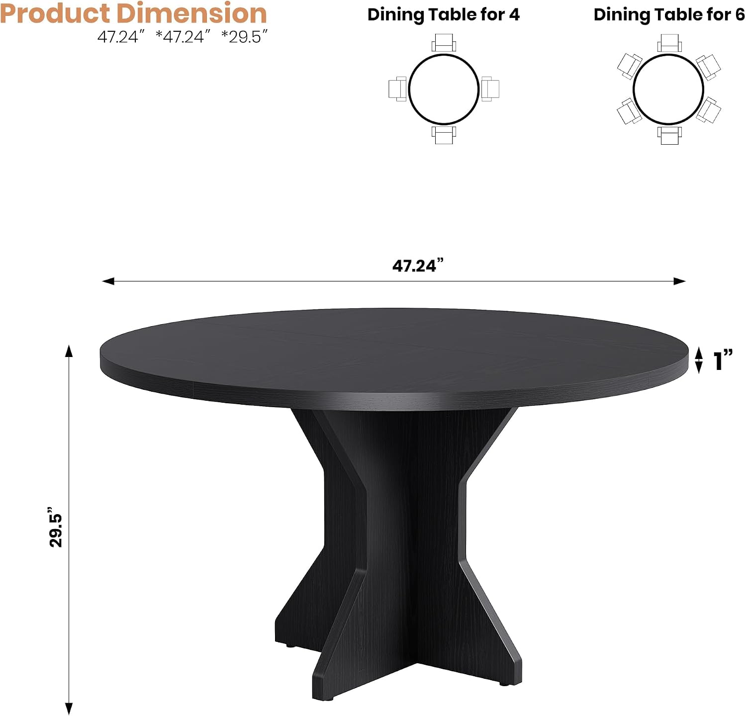 IDEALHOUSE Round Dining Table, 47' Kitchen Table for 4-6 People, Circle Tables with Sturdy Pedestal Base, Space Saving Dinning Room Furniture for Living Room, Kitchen, Apartment, Black