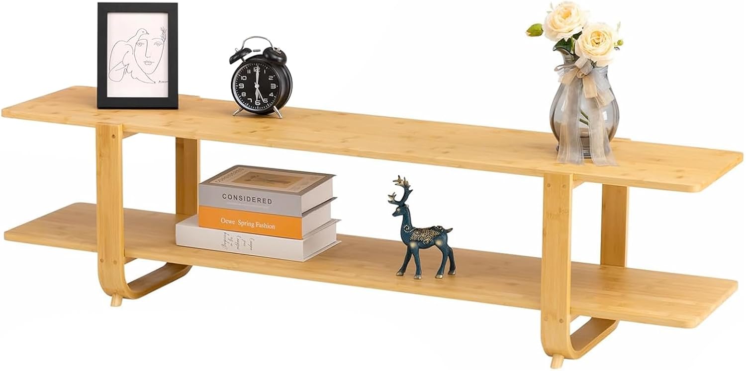 HollyHOME Bamboo TV Stand with Storage for TVs up to 65'', Modern Entertainment Center with 2 Open Shelf, Accent TV Media Console Table for Living Room, Bedroom, 55'(L), Burlywood