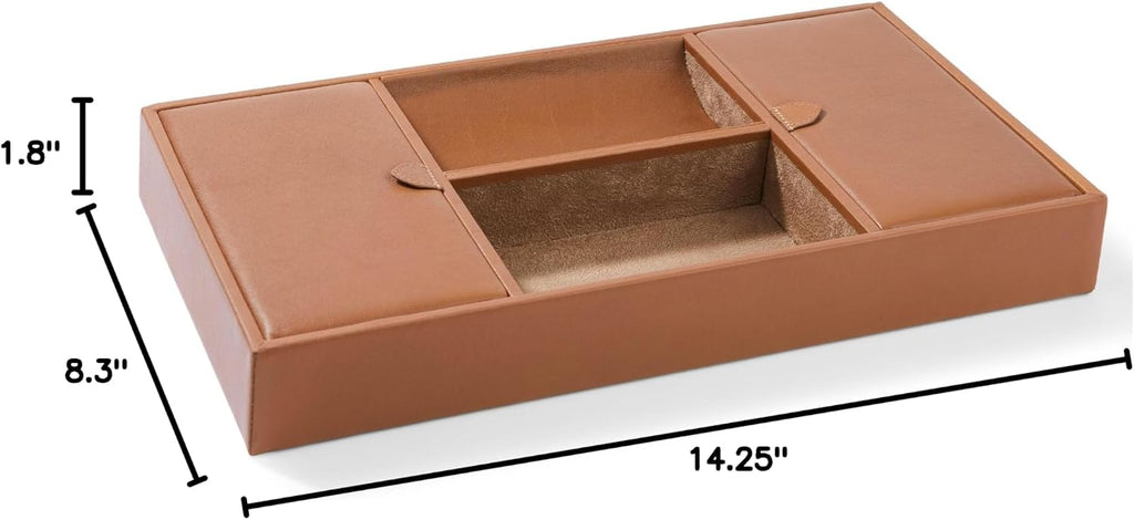 Leatherology Cognac Deluxe Valet Tray – Jewelry & Watch Organizer with Covered and Open Compartments, Microsuede Lining – Elegant Catchall for Bedroom, Closet or Bathroom