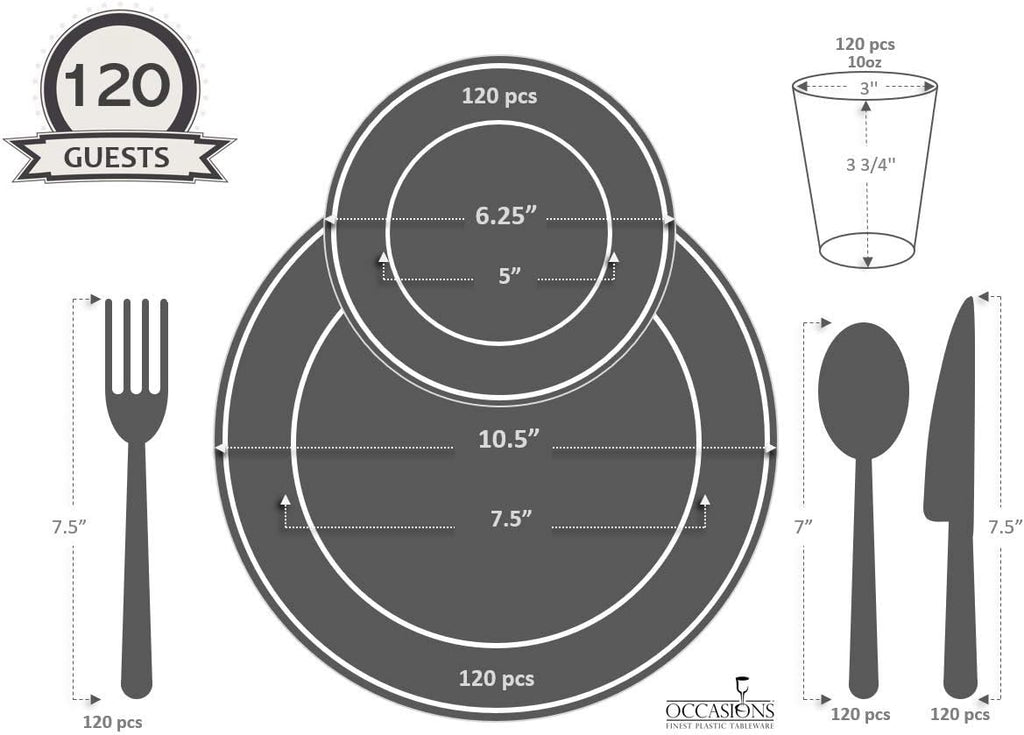 ' OCCASIONS ' 840pcs set (120 Guests)-Heavyweight Wedding Party Disposable Plastic Plate Set-120 x 10.5'' + 120 x 6.25'' + Gold Silverware + Cups + Napkins (Linen White & Gold)
